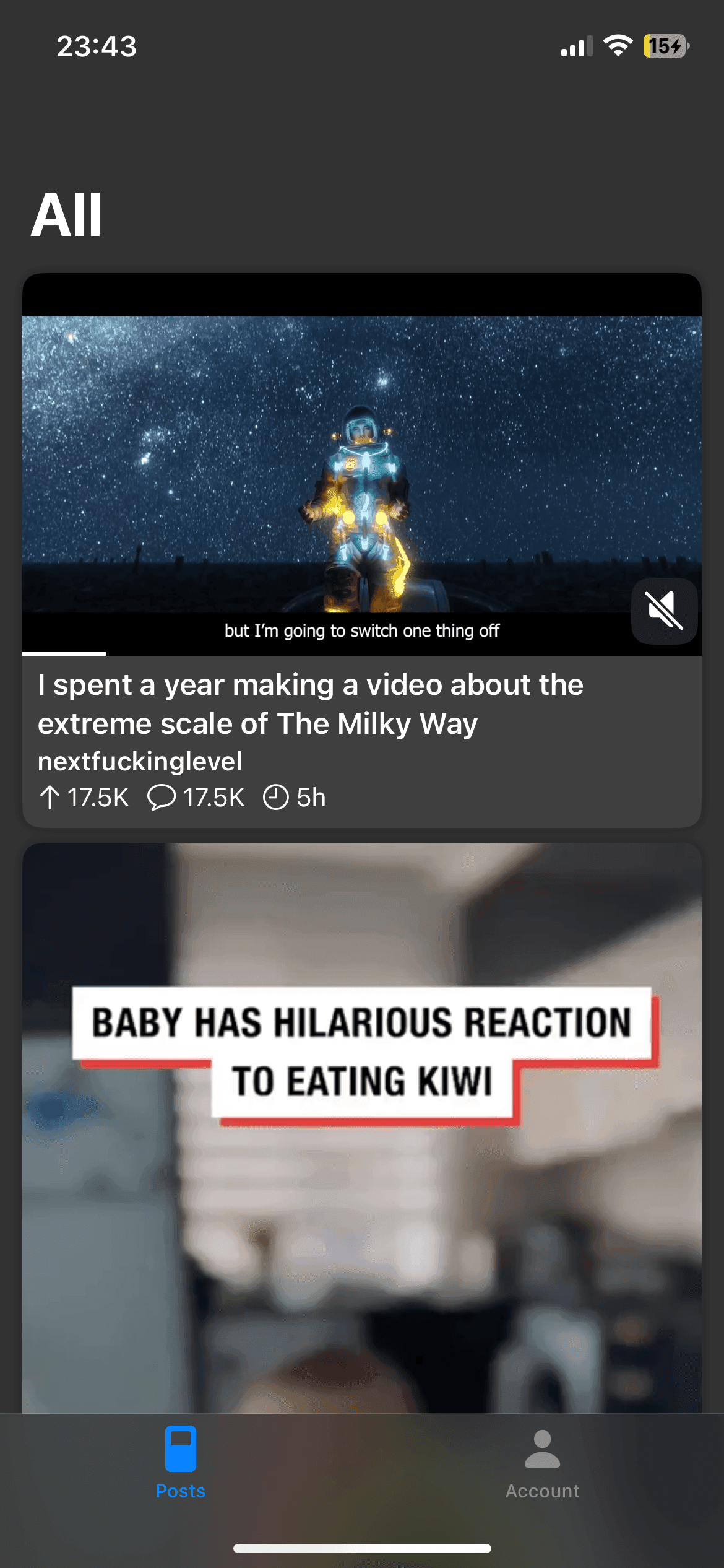 A screenshot from 'GaryDit' - a reddit client. Shows the 'All' feed with 2 posts, one with a picture saying 'showing the scale of the milkyway' and one half cut off post, showing a tall video, with the visible text 'baby has hilarious reaction to kiwi'